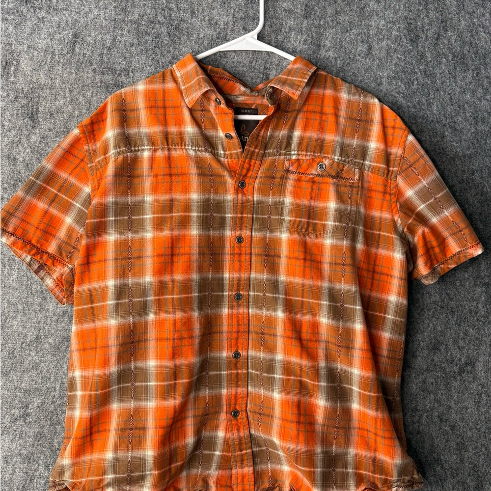Prana Plaid Short Sleeve Shirt Orange Brown Slim Fit Size XL Outdoor Casual